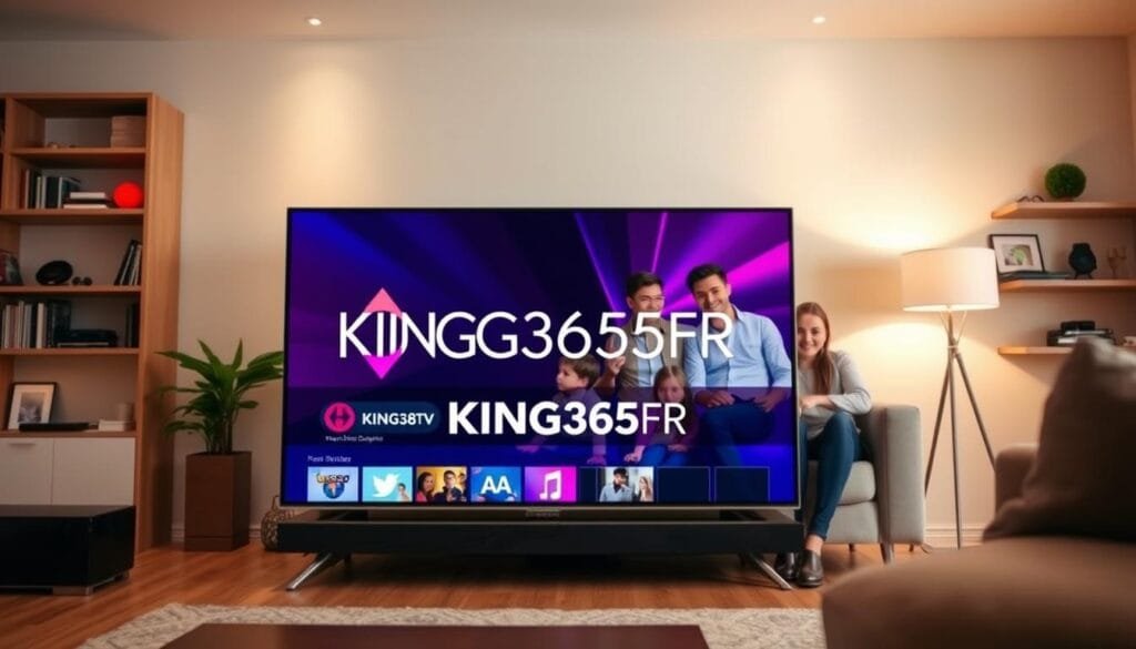 A sleek, modern living room is depicted as the foreground, with a stylish television prominently displaying the logo "KING365FR". The TV screen showcases vibrant streaming content, hinting at a variety of IPTV offerings. In the middle ground, a happy family gathers on a comfortable couch, dressed in smart casual attire, engaging with the content. The background features shelves decorated with books and digital gadgets, subtly indicating technology and entertainment. Soft, warm lighting fills the room, creating a welcoming and cozy atmosphere. The camera angle is slightly low, enhancing the inviting feel of the environment. Overall, the image radiates a sense of enjoyment, connection, and reliability, aligning with the theme of seamless streaming experiences provided by King 365 TV. A sleek, modern living room is depicted as the foreground, with a stylish television prominently displaying the logo "KING365FR". The TV screen showcases vibrant streaming content, hinting at a variety of IPTV offerings. In the middle ground, a happy family gathers on a comfortable couch, dressed in smart casual attire, engaging with the content. The background features shelves decorated with books and digital gadgets, subtly indicating technology and entertainment. Soft, warm lighting fills the room, creating a welcoming and cozy atmosphere. The camera angle is slightly low, enhancing the inviting feel of the environment. Overall, the image radiates a sense of enjoyment, connection, and reliability, aligning with the theme of seamless streaming experiences provided by King 365 TV.