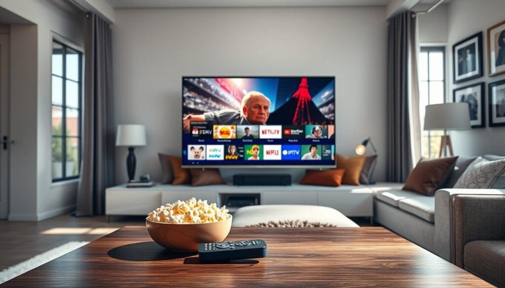 A sleek, modern living room scene featuring a flat-screen TV streaming high-quality content, symbolizing the premium experience offered by KING365FR. In the foreground, a stylish coffee table displays a remote control and a bowl of popcorn, inviting viewers to engage with the IPTV service. The middle layer includes a comfortable sofa with tasteful cushions, suggesting relaxation and enjoyment. Natural sunlight streams through large windows, creating a warm, inviting atmosphere. The background showcases a well-decorated wall with framed art, enhancing the cozy yet upscale vibe. The overall lighting is bright and cheerful, emphasizing the idea of family entertainment and quality viewing experiences. The composition should evoke trust and professionalism in IPTV services, specifically highlighting KING365FR as the standout choice in the market. A sleek, modern living room scene featuring a flat-screen TV streaming high-quality content, symbolizing the premium experience offered by KING365FR. In the foreground, a stylish coffee table displays a remote control and a bowl of popcorn, inviting viewers to engage with the IPTV service. The middle layer includes a comfortable sofa with tasteful cushions, suggesting relaxation and enjoyment. Natural sunlight streams through large windows, creating a warm, inviting atmosphere. The background showcases a well-decorated wall with framed art, enhancing the cozy yet upscale vibe. The overall lighting is bright and cheerful, emphasizing the idea of family entertainment and quality viewing experiences. The composition should evoke trust and professionalism in IPTV services, specifically highlighting KING365FR as the standout choice in the market.
