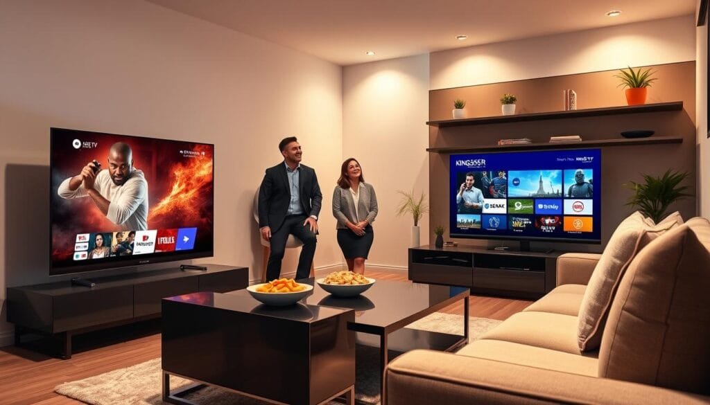 A sleek, modern living room scene illustrates the concept of premium IPTV services, focusing on the brand "KING365FR." In the foreground, an elegant, high-definition television displays vibrant streaming options in a visually appealing interface. A stylish, comfortable sofa is positioned nearby, with a bowl of snacks and a remote control resting on a chic coffee table. In the middle ground, a well-dressed professional couple watches the TV, exuding satisfaction and enjoyment, dressed in smart casual attire. Soft, warm lighting creates a cozy and inviting atmosphere, emphasizing relaxation and entertainment. The background features subtle decorations, like shelves with books and plants, enhancing the modern aesthetic without distraction. The overall mood is one of contentment and comfort, ideal for highlighting the premium IPTV experience. A sleek, modern living room scene illustrates the concept of premium IPTV services, focusing on the brand "KING365FR." In the foreground, an elegant, high-definition television displays vibrant streaming options in a visually appealing interface. A stylish, comfortable sofa is positioned nearby, with a bowl of snacks and a remote control resting on a chic coffee table. In the middle ground, a well-dressed professional couple watches the TV, exuding satisfaction and enjoyment, dressed in smart casual attire. Soft, warm lighting creates a cozy and inviting atmosphere, emphasizing relaxation and entertainment. The background features subtle decorations, like shelves with books and plants, enhancing the modern aesthetic without distraction. The overall mood is one of contentment and comfort, ideal for highlighting the premium IPTV experience.
