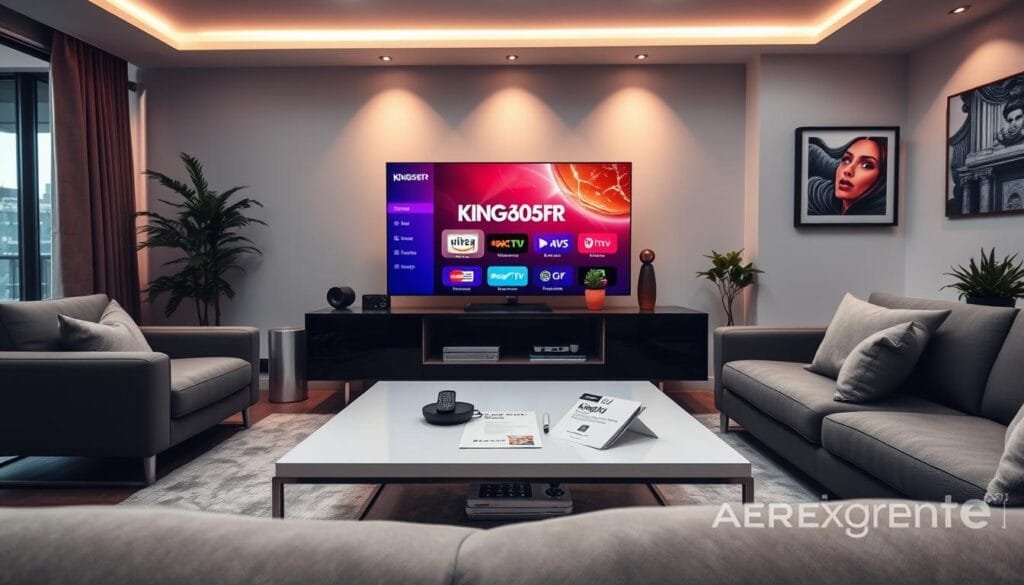 A sleek, modern living room setting designed for entertainment, showcasing a high-definition television displaying the KING365FR IPTV service interface on screen. In the foreground, a stylish coffee table holds a remote control and IPTV subscription guide, while plush seating invites viewers to relax. The middle ground features a decorative shelf with tech gadgets and plants for a contemporary touch. Soft ambient lighting casts a warm atmosphere, with natural light streaming through large windows, suggesting a cozy, inviting space. In the background, artwork adds a splash of color, enhancing the modern aesthetic. The overall mood is professional yet relaxed, embodying the spirit of streaming excellence and expertise in IPTV services. A sleek, modern living room setting designed for entertainment, showcasing a high-definition television displaying the KING365FR IPTV service interface on screen. In the foreground, a stylish coffee table holds a remote control and IPTV subscription guide, while plush seating invites viewers to relax. The middle ground features a decorative shelf with tech gadgets and plants for a contemporary touch. Soft ambient lighting casts a warm atmosphere, with natural light streaming through large windows, suggesting a cozy, inviting space. In the background, artwork adds a splash of color, enhancing the modern aesthetic. The overall mood is professional yet relaxed, embodying the spirit of streaming excellence and expertise in IPTV services.