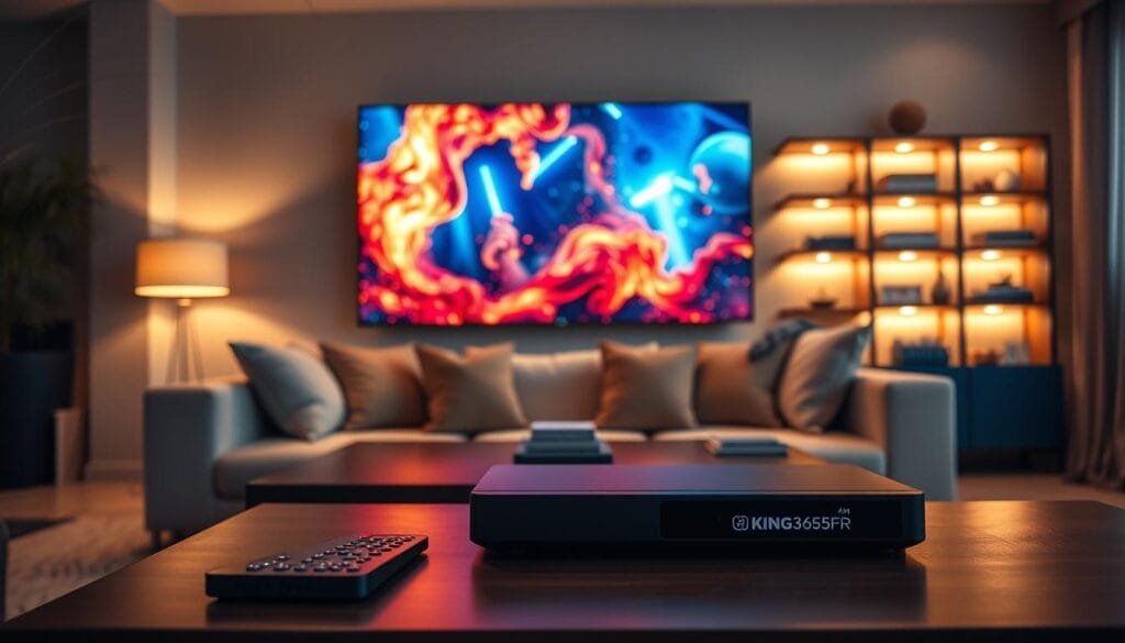 A sleek, modern living room setting, showcasing a high-definition television displaying vibrant, stunning digital content representing "4K UHD streaming" with intricate graphics and rich colors. In the foreground, a stylish coffee table hosts a remote control and an IPTV box labeled "KING365FR," emphasizing its role in delivering premium entertainment. The middle ground features a comfortable sofa adorned with plush cushions, inviting viewers to engage with the IPTV experience. In the background, softly illuminated shelves display books and decorative items, creating a cozy atmosphere. Warm lighting enhances the inviting feel of the room, casting gentle shadows. The overall mood is professional yet relaxed, reflecting the advancement of IPTV services in 2026 and their integration into modern home entertainment.