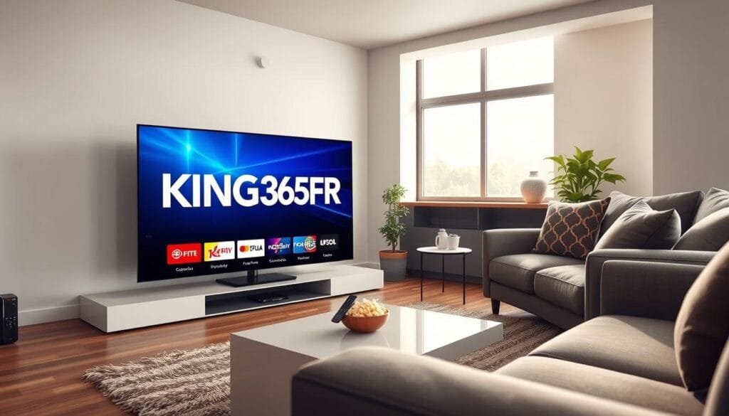A sleek, modern living room setting that conveys the essence of digital entertainment. In the foreground, a large, high-definition smart TV displays the KING365FR logo prominently, showcasing visually appealing graphics of IPTV channels. To the right, a comfortable, stylish sofa with a few decorative pillows invites viewers to relax and enjoy. In the middle ground, a small coffee table holds a remote control and a bowl of popcorn, adding a cozy touch. The background features a large window with soft, natural light streaming in, creating a warm atmosphere. The overall mood should be inviting and professional, emphasizing the innovative features of IPTV. Use a wide-angle lens to capture the whole scene, ensuring vivid colors and crisp details. The lighting is bright and cheerful, reflecting a perfect leisure time environment. A sleek, modern living room setting that conveys the essence of digital entertainment. In the foreground, a large, high-definition smart TV displays the KING365FR logo prominently, showcasing visually appealing graphics of IPTV channels. To the right, a comfortable, stylish sofa with a few decorative pillows invites viewers to relax and enjoy. In the middle ground, a small coffee table holds a remote control and a bowl of popcorn, adding a cozy touch. The background features a large window with soft, natural light streaming in, creating a warm atmosphere. The overall mood should be inviting and professional, emphasizing the innovative features of IPTV. Use a wide-angle lens to capture the whole scene, ensuring vivid colors and crisp details. The lighting is bright and cheerful, reflecting a perfect leisure time environment.