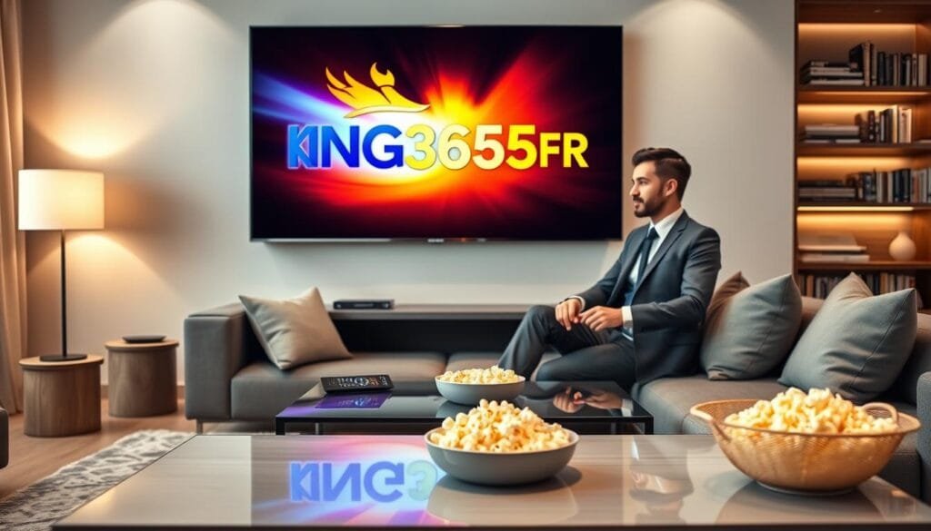 A sleek, modern living room showcasing a high-definition flat-screen TV displaying the logo "KING365FR" in vibrant colors, symbolizing IPTV Premium services. In the foreground, a stylish coffee table is adorned with a remote control and a bowl of popcorn, inviting relaxation. The middle ground features a plush sofa with cushions, where a professional-looking person in business attire is casually browsing IPTV options on the TV, exuding expertise and assurance. The background reveals a softly lit room with bookshelves and warm lighting, creating a cozy atmosphere. The overall mood is professional yet welcoming, emphasizing the rise of IPTV Premium with King365fr. Use soft, even lighting to enhance the inviting ambiance, and frame the scene from a slightly elevated angle to capture the depth of the room.