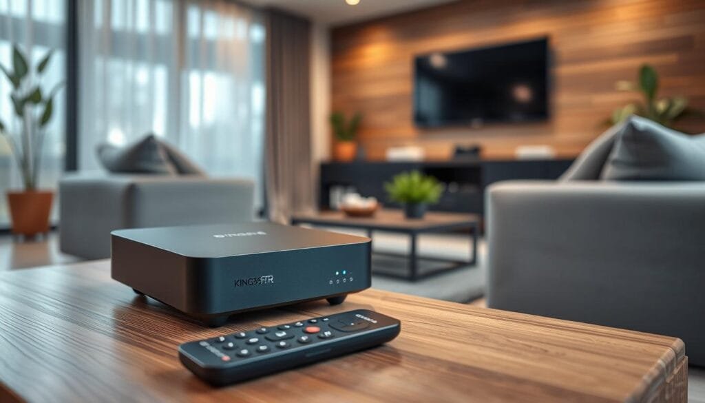 A sleek, modern smart TV box prominently displayed on a stylish wooden coffee table. The boitier features a smooth matte finish with sleek edges, adorned with subtle LED indicators showcasing its advanced technology. In the foreground, a remote control lies beside the device, emphasizing its user-friendly design. The middle ground includes a contemporary living room setting with plush sofas, a large smart TV mounted on the wall, and a potted plant adding a touch of greenery. Soft, natural lighting flows in from a nearby window, creating a warm and inviting atmosphere. The backdrop is a blurred view of a well-organized entertainment area, enhancing the focus on the boitier. The brand name "KING365FR" is subtly integrated into the design of the device, underscoring its quality and reliability.