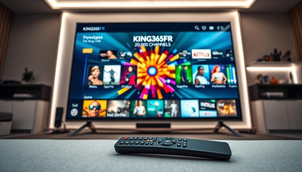 A sleek, modern television displaying a vibrant interface of the "KING365FR" IPTV service, showcasing an array of 20,000 channels. In the foreground, a stylish remote control lies next to the TV, symbolizing user-friendly navigation. In the middle, the television screen bursts with colorful, dynamic graphics representing diverse content categories—movies, sports, documentaries, and kids' shows, all in high-definition. The background features a contemporary living room, subtly illuminated by soft white LED lighting, enhancing the upscale ambiance. A panoramic view from a slightly low angle highlights the sophisticated design of the setup, evoking a feeling of technology and luxury. The overall mood is professional and inviting, illustrating the evolution of IPTV services and their impact on entertainment choices.