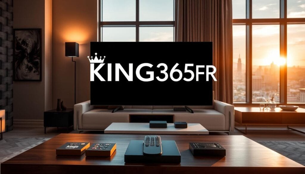 A sophisticated living room setting showcasing a high-end television displaying the KING365FR logo prominently. In the foreground, a modern coffee table is adorned with a remote control and stylish coasters. In the middle, a comfortable sofa is set against an elegantly decorated wall, with soft lighting emanating from contemporary lamps, creating a warm and inviting atmosphere. A sleek, minimalist media console holds streaming devices, suggesting a premium entertainment experience. In the background, large windows reveal a city skyline at sunset, casting a golden glow that enhances the luxurious mood. The scene conveys a sense of comfort and advanced technology, ideal for showcasing KING365’s streaming offerings. The image embodies professionalism and reliability, perfect for the discerning viewer. A sophisticated living room setting showcasing a high-end television displaying the KING365FR logo prominently. In the foreground, a modern coffee table is adorned with a remote control and stylish coasters. In the middle, a comfortable sofa is set against an elegantly decorated wall, with soft lighting emanating from contemporary lamps, creating a warm and inviting atmosphere. A sleek, minimalist media console holds streaming devices, suggesting a premium entertainment experience. In the background, large windows reveal a city skyline at sunset, casting a golden glow that enhances the luxurious mood. The scene conveys a sense of comfort and advanced technology, ideal for showcasing KING365’s streaming offerings. The image embodies professionalism and reliability, perfect for the discerning viewer.