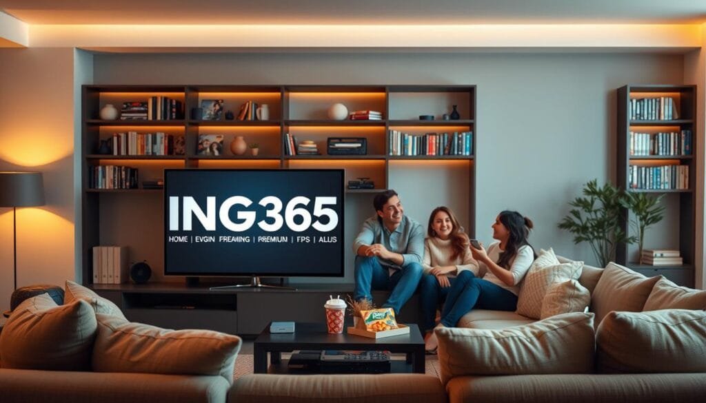 A stylish, modern living room setting as the foreground, featuring a sleek flat-screen TV displaying the logo "KING365FR" prominently. Include a comfortable sofa adorned with plush cushions, a small coffee table with a streaming device and snacks, and a subtle ambiance of soft golden lighting, suggesting a cozy streaming night. In the middle, a family of four is gathered, dressed in smart-casual clothing, engaging joyfully while watching their favorite content, radiating warmth and togetherness. The background showcases a contemporary bookshelf filled with DVDs and books on technology and entertainment, enhancing the atmosphere of a home-centric streaming experience. The scene should convey a mood of relaxation, enjoyment, and premium entertainment options.