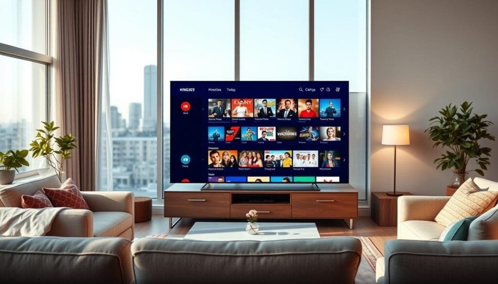 A vibrant and professional depiction of the IPTV service "KING365FR." In the foreground, a sleek digital interface showcases various streaming options on a modern flat-screen TV, with vivid thumbnails of popular shows and channels. The middle ground features a comfortable living room setting, complete with stylish furniture and soft lighting that creates a welcoming atmosphere. In the background, a softly blurred city skyline through a window suggests a connected, modern lifestyle. The overall mood is inviting and professional, reflecting reliability and user-friendliness in entertainment. Use natural lighting to enhance the scene's warmth, employing a 35mm lens perspective to focus on the digital interface while maintaining a clear view of the surroundings. No text or logos present.