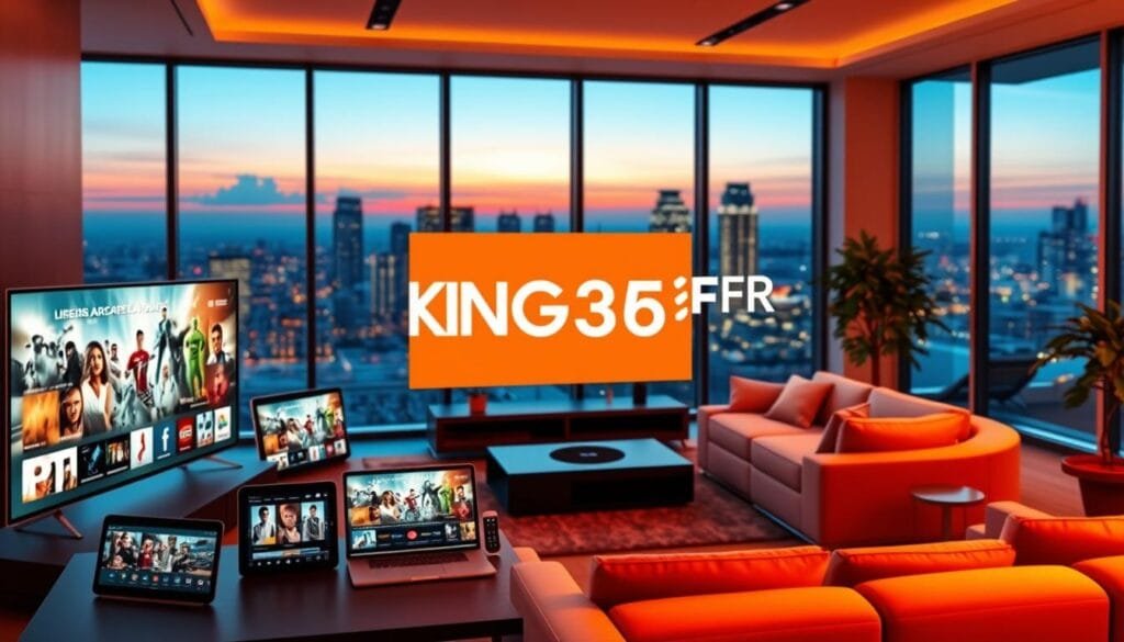 A vibrant digital illustration depicting a modern streaming interface showcasing the brand name "KING365FR" in a sleek, futuristic design. In the foreground, various streaming devices such as smart TVs, tablets, and smartphones display diverse IPTV content like movies, sports, and documentaries. The middle ground features a stylish entertainment room, featuring comfortable seating and ambient lighting that highlights the excitement of streaming. The background shows a cityscape at dusk through large windows, with glowing lights creating a dynamic atmosphere. Use warm and inviting colors to evoke a sense of comfort and accessibility in streaming. The image should be well-lit, using a soft-focus lens to create a professional yet engaging ambiance, ideal for an article about the streaming world with 365king.