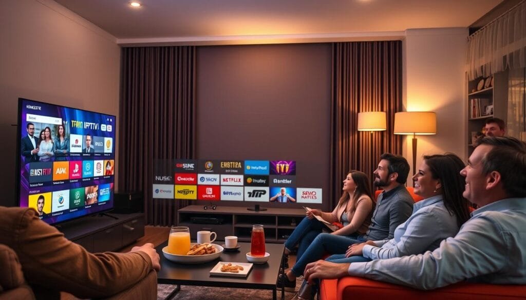 A vibrant living room scene featuring a modern smart TV displaying an engaging interface of IPTV streaming, showcasing an array of colorful channel icons, reflecting the extensive offerings of KING365FR. In the foreground, a comfortably seated family is enjoying the content, dressed in casual yet professional attire. The middle section includes a stylish coffee table with snacks and beverages, enhancing the cozy environment. In the background, a warm ambient light radiates from stylish lamps, creating a welcoming atmosphere. The camera angle is slightly elevated to capture both the family's expressions and the vibrant screen. The mood conveys excitement and enjoyment associated with IPTV streaming, emphasizing the diverse entertainment options available through KING365FR.