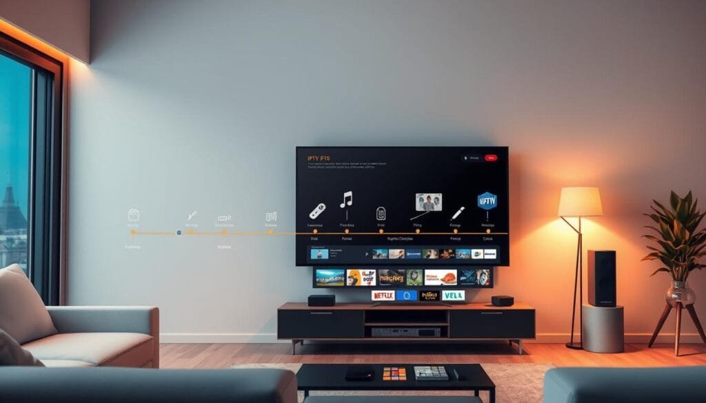 A visually captivating illustration depicting the evolution of IPTV in France. In the foreground, showcase a sleek modern living room with a smart TV displaying various IPTV interfaces, symbolizing user choices. The middle ground features a timeline showcasing significant milestones in IPTV technology, with icons or imagery representing early TV broadcasts, the rise of streaming services, and current user experiences. In the background, depict a stylized skyline of a French city, hinting at urban life and connectivity. Utilize warm, inviting lighting to create a welcoming atmosphere, and incorporate a shallow depth of field to focus on the IPTV elements. The overall mood should be innovative yet reassuring, embodying the expertise of KING365FR in providing premium IPTV packages. Aim for a clean and professional aesthetic throughout.