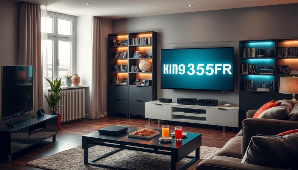 An inviting living room scene showcasing a modern entertainment setup. In the foreground, a large flat-screen TV displays a glowing logo of "KING365FR," presenting a symbol of premium IPTV services. Surrounding the TV, a sleek media console holds various devices, reflecting a tech-savvy environment. In the middle ground, a cozy sofa filled with colorful cushions invites relaxation, while a stylish coffee table features snacks and drinks, setting a perfect mood for entertainment. The background features softly lit shelves with DVDs and books, contributing to a warm, welcoming atmosphere. Natural light streams in through a window, illuminating the room and creating a serene ambiance, ideal for enjoying high-quality streaming content.
